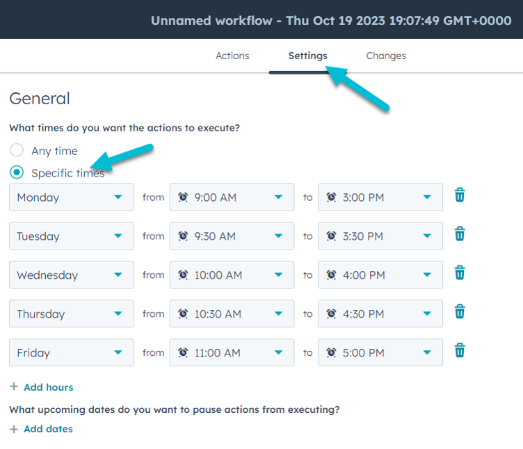 setting Workflow hours in HubSpot